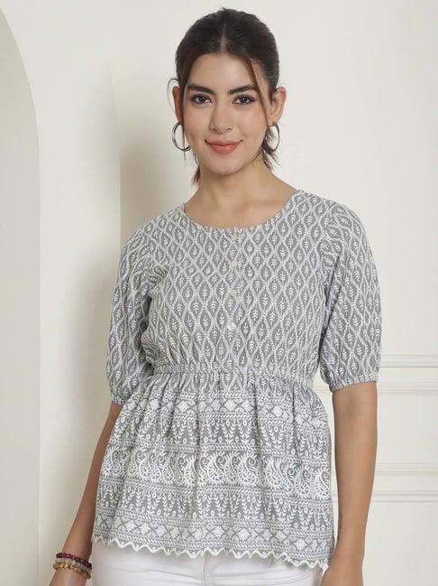 indian needle grey cotton embroidered top
