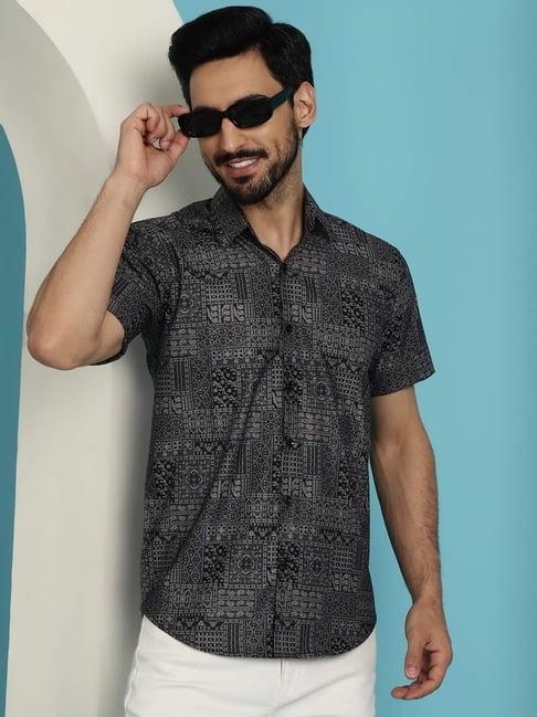 indian needle grey regular fit printed shirt