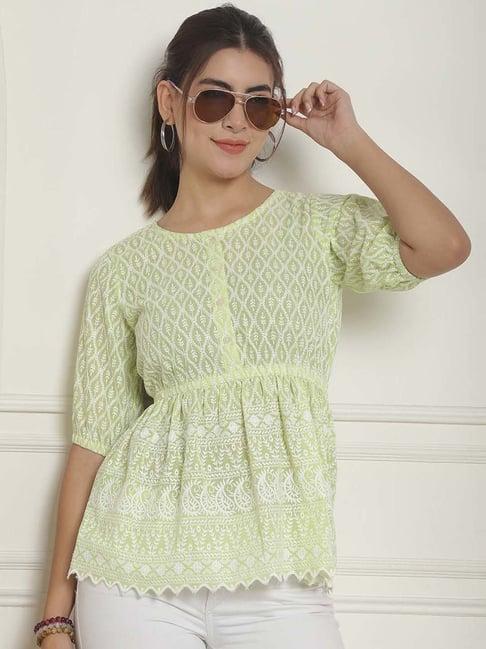 indian needle lime green cotton embroidered top