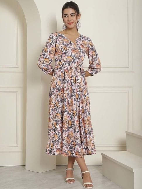 indian needle off white printed wrap dress