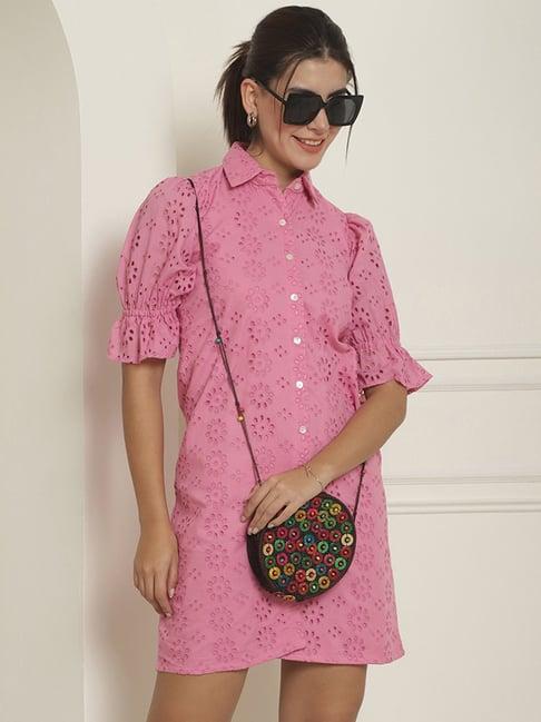 indian needle pink cotton embroidered shirt dress