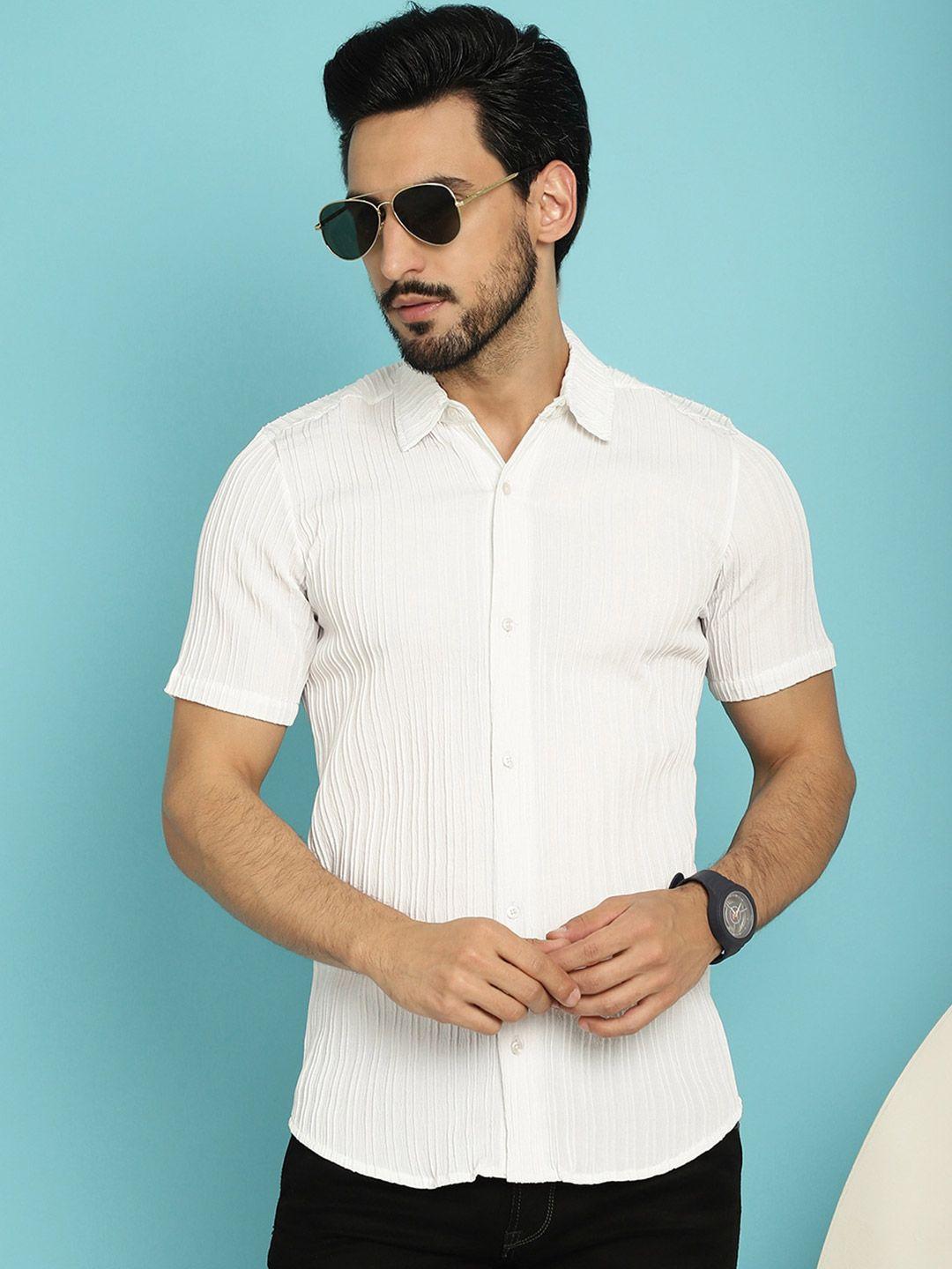 indian needle spread collar short sleeves classic opaque striped casual shirt