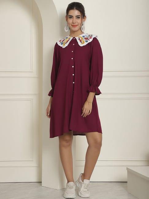 indian needle wine embroidered shirt dress