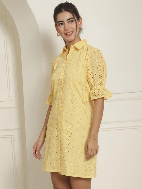 indian needle yellow cotton embroidered shirt dress