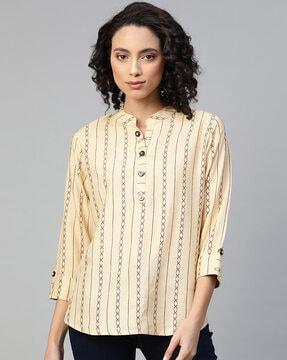 indian pattern roll-up sleeves top