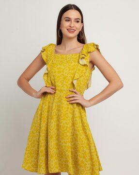 indian print a-line dress with ruffled panels