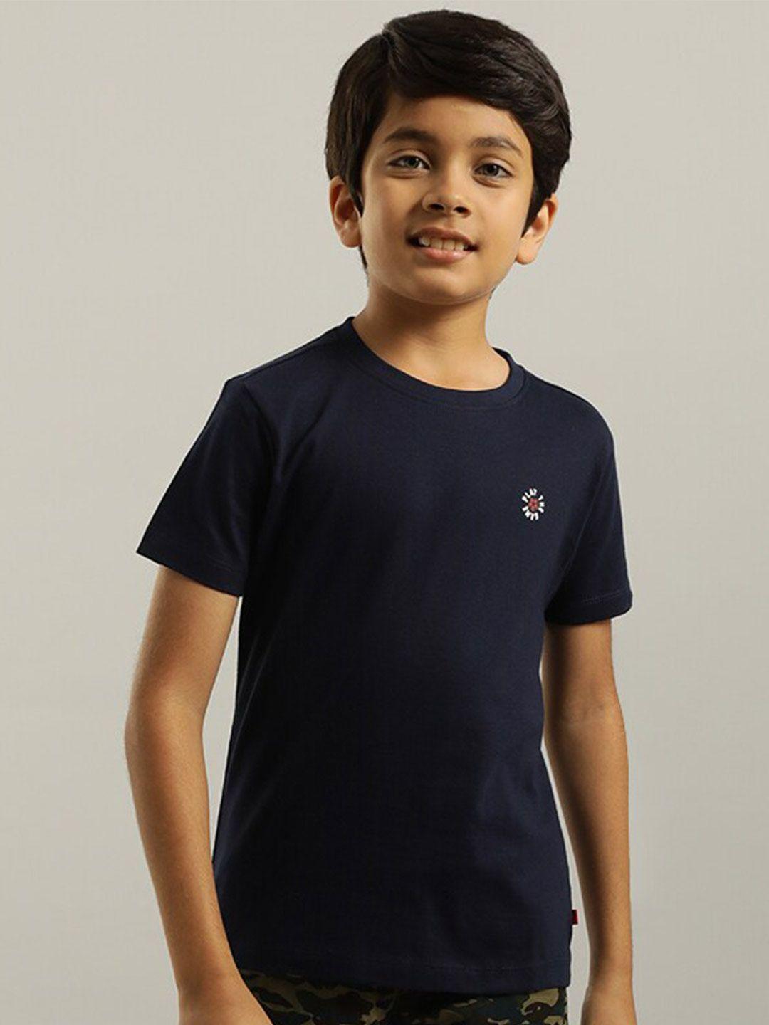 indian terrain boys blue drop-shoulder sleeves applique t-shirt