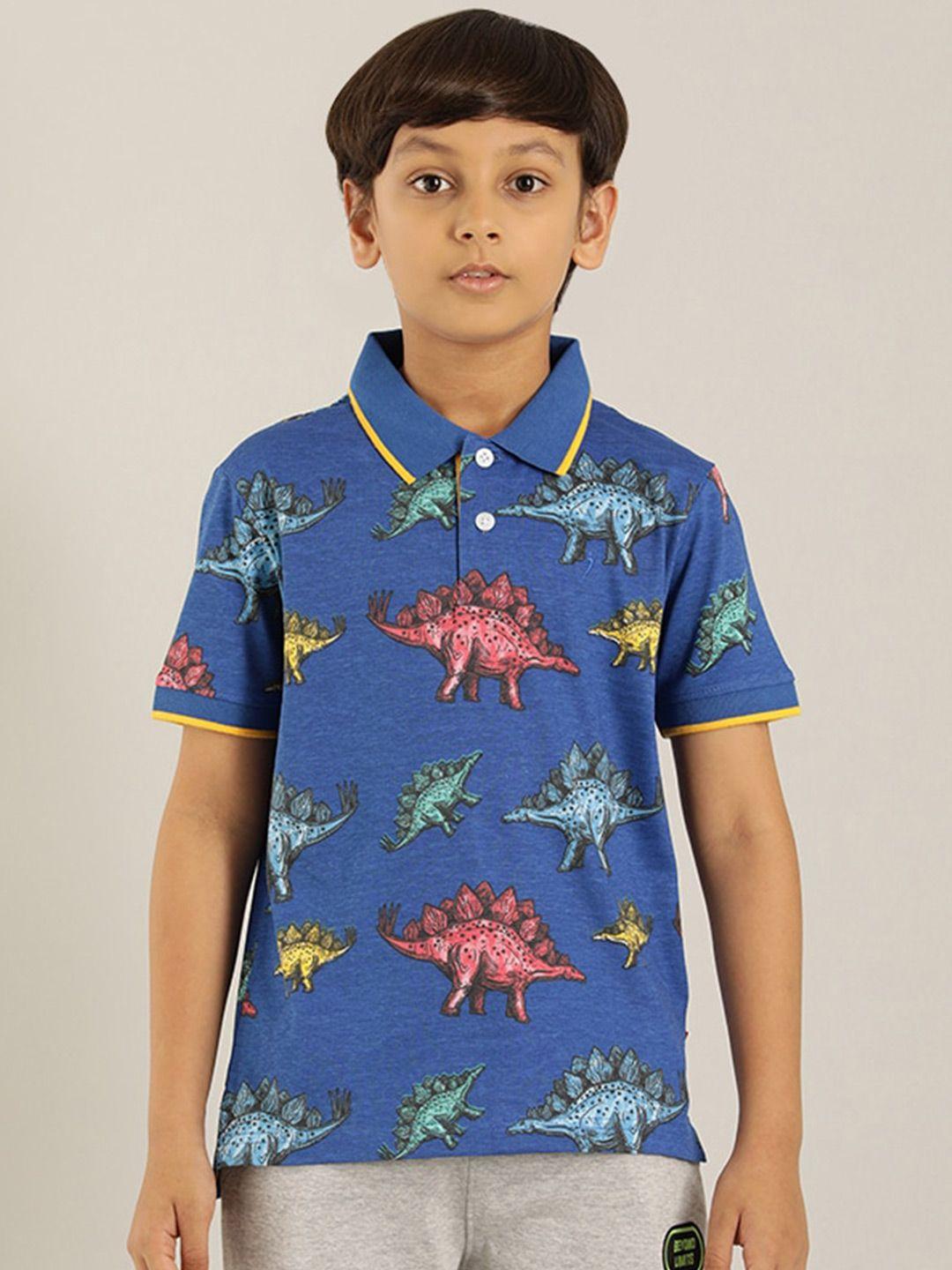 indian terrain boys blue floral printed polo collar pockets t-shirt