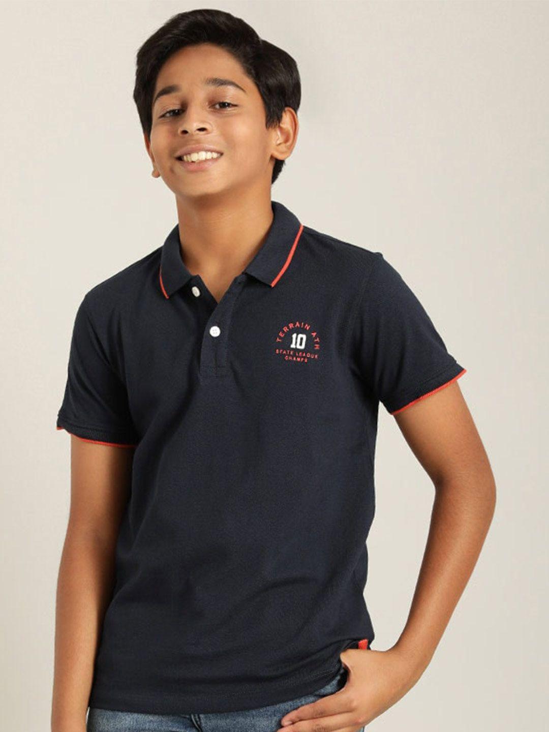 indian terrain boys blue polo collar extended sleeves applique t-shirt