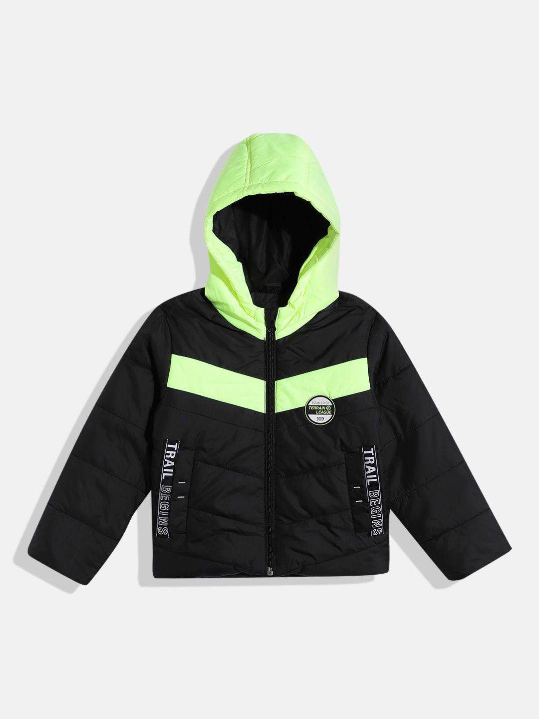 indian terrain boys colorblocked typography detailed hooded biker jacket with patchwork