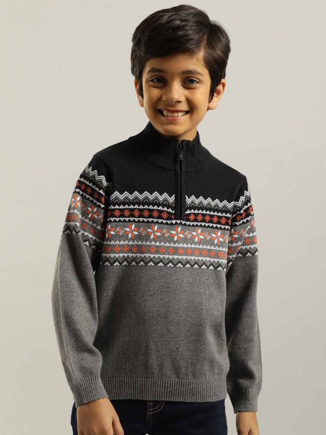 indian terrain boys fair isle printed mock collar half zipper pure cotton pullover sweater