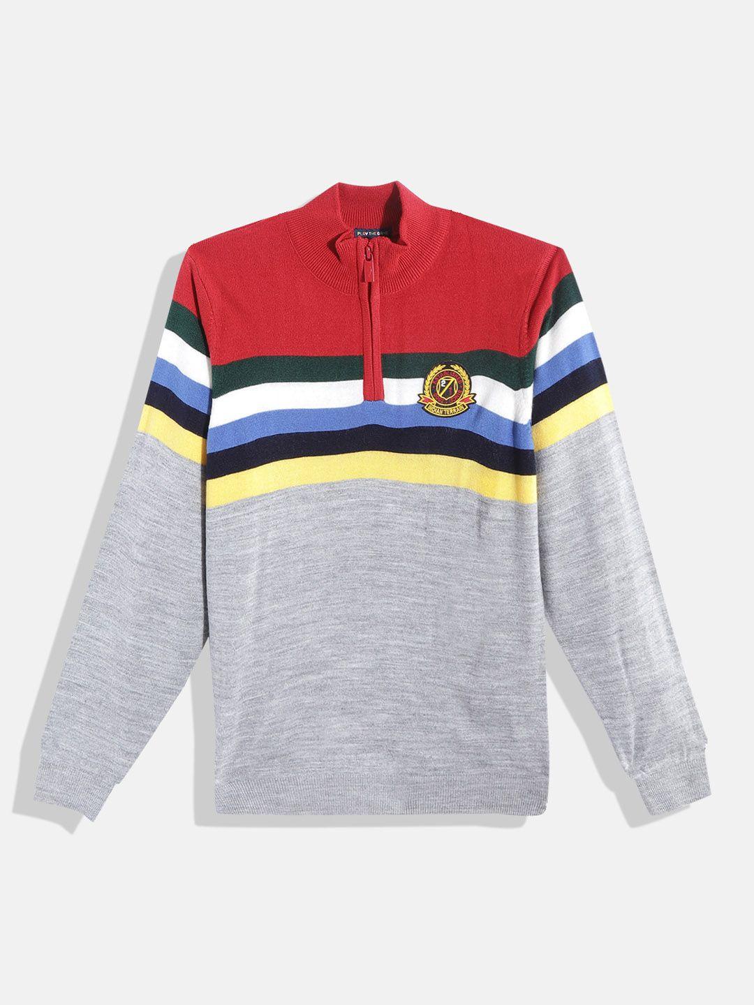 indian terrain boys grey & red striped pullover with applique detail