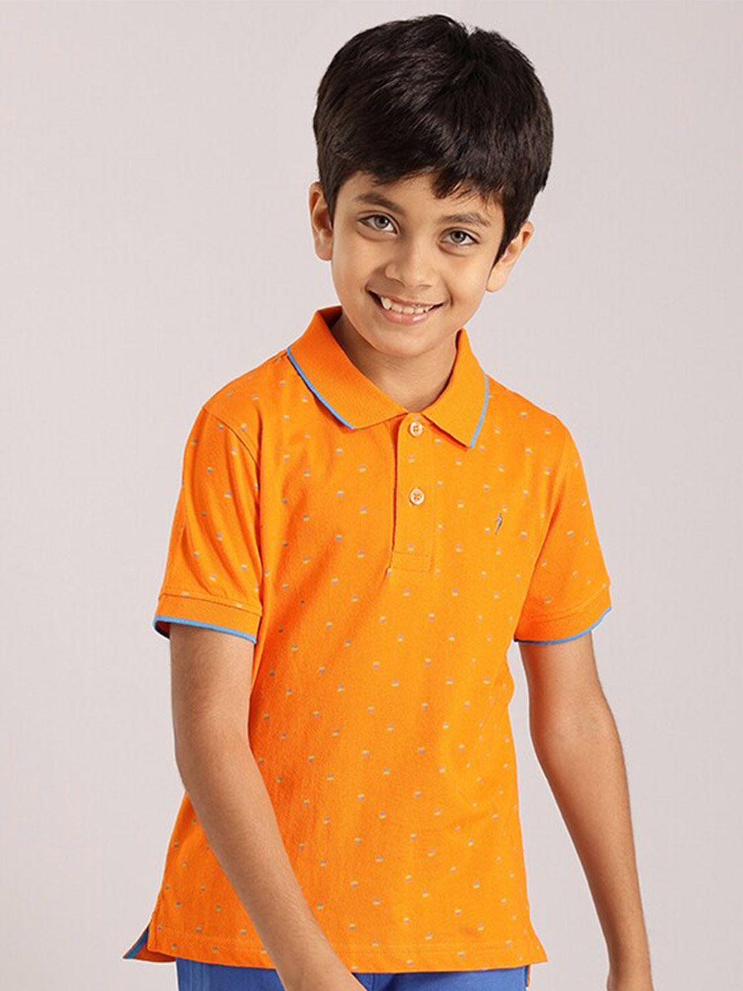 indian terrain boys orange printed polo collar extended sleeves pockets t-shirt