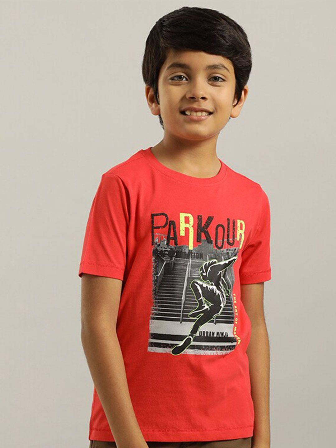 indian terrain boys red typography v-neck applique t-shirt