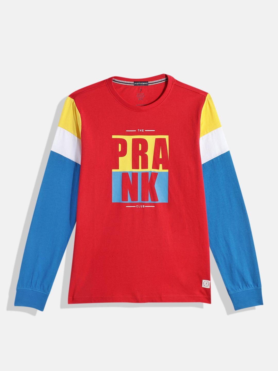 indian terrain boys typography printed & colourblocked pure cotton t-shirt