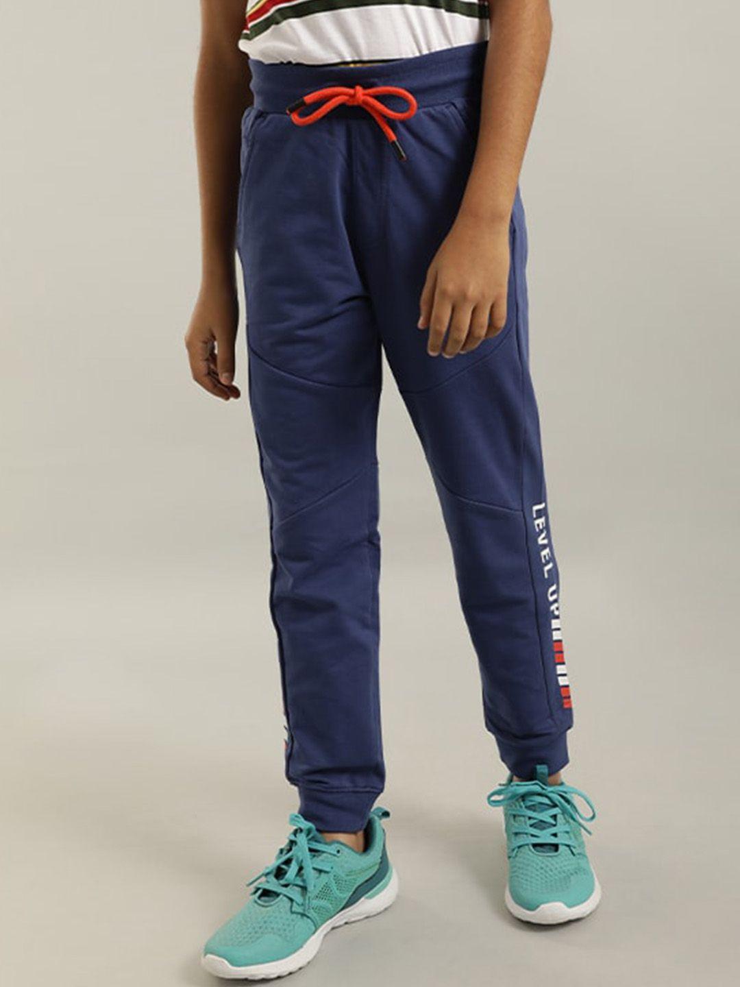 indian terrain boys typography printed regular fit mid-rise cotton joggers