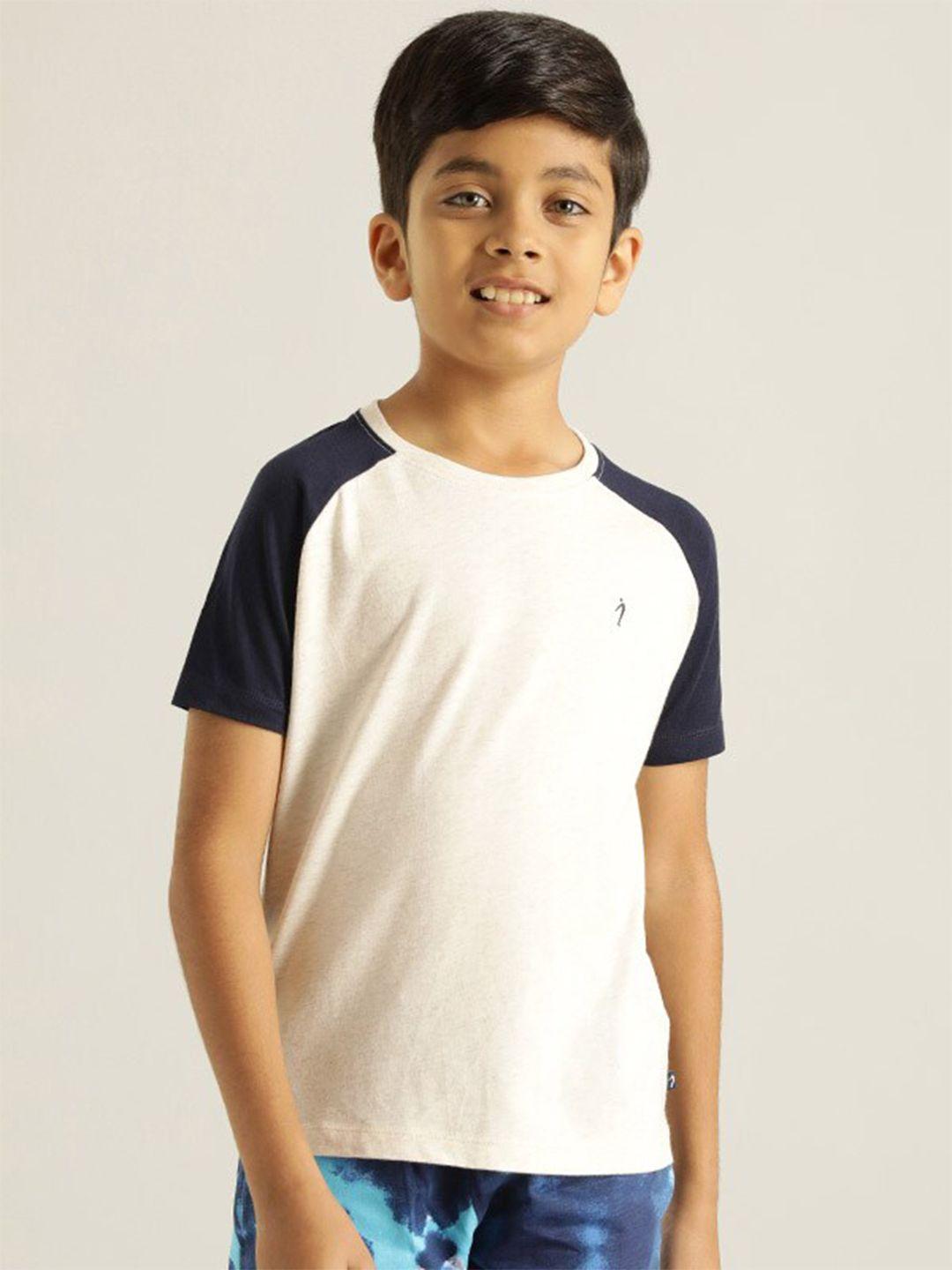 indian terrain boys white drop-shoulder sleeves applique t-shirt