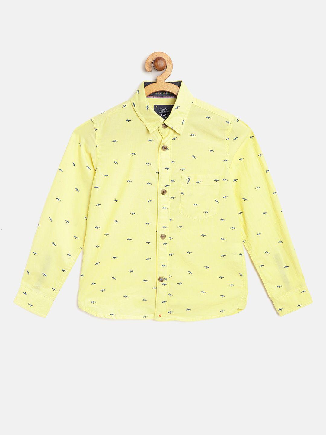 indian terrain boys yellow & navy blue ditsy conversational print cotton casual shirt