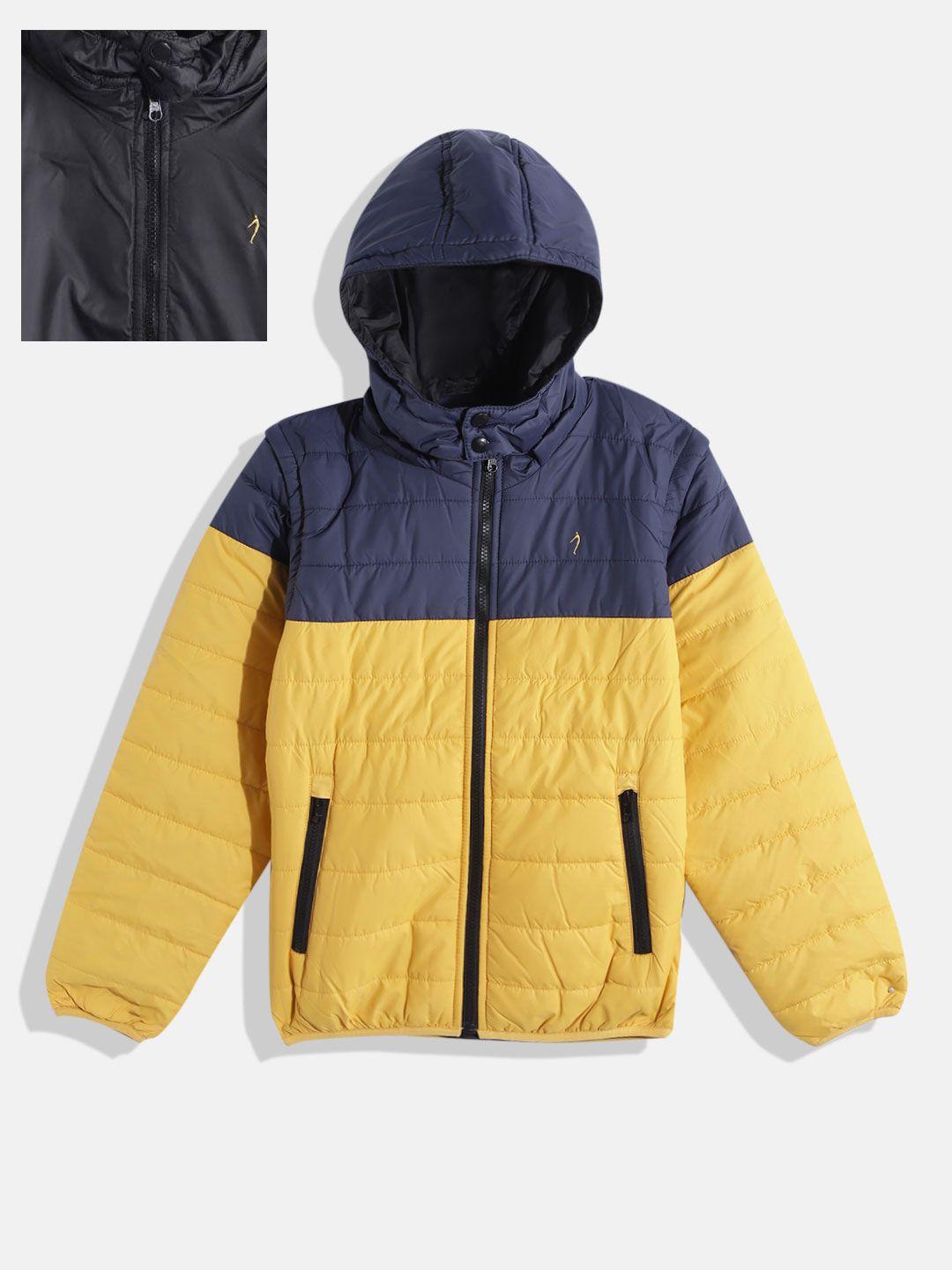 indian terrain boys yellow & navy blue reversible hooded padded jacket