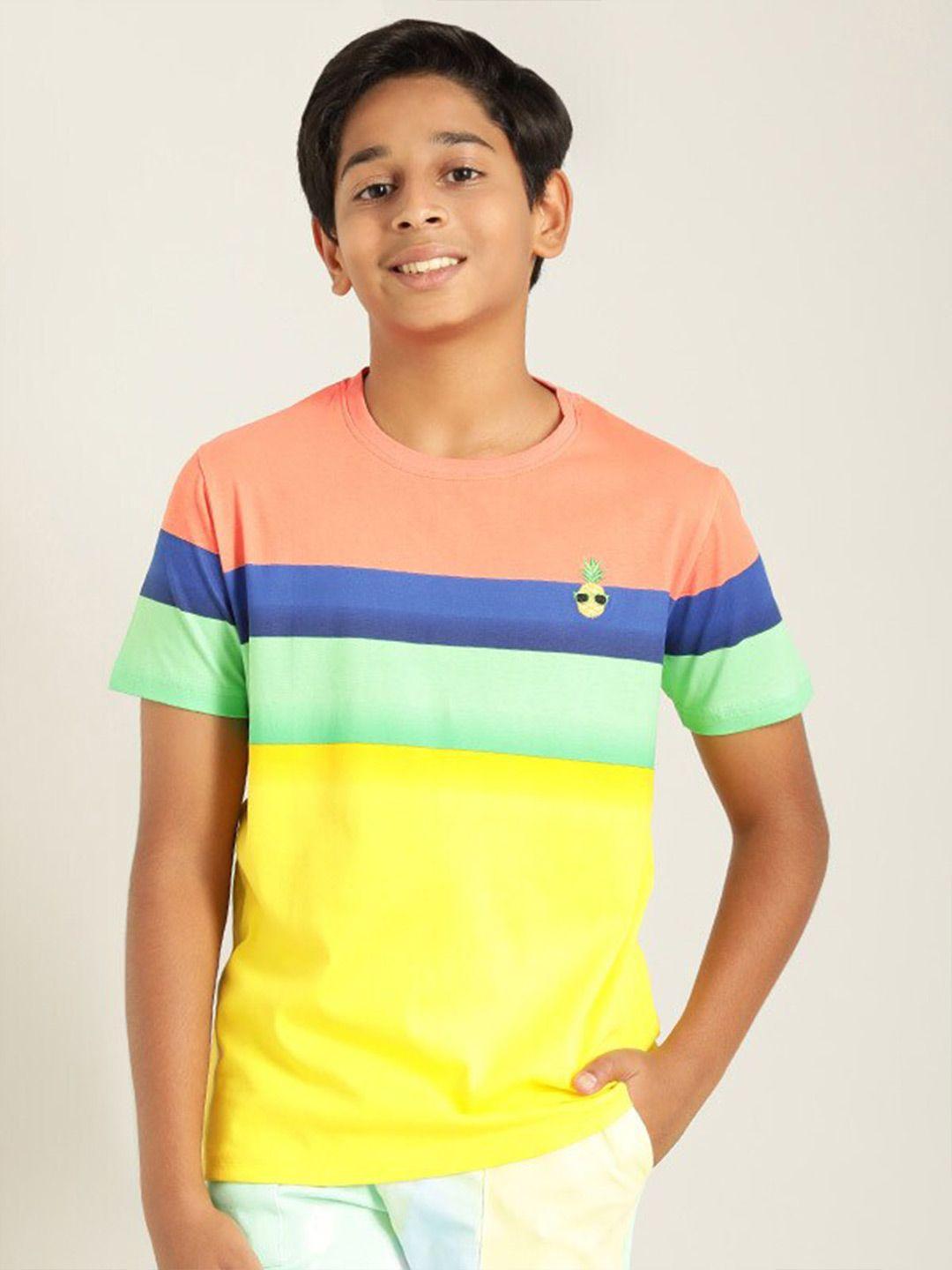 indian terrain boys yellow striped mandarin collar applique t-shirt