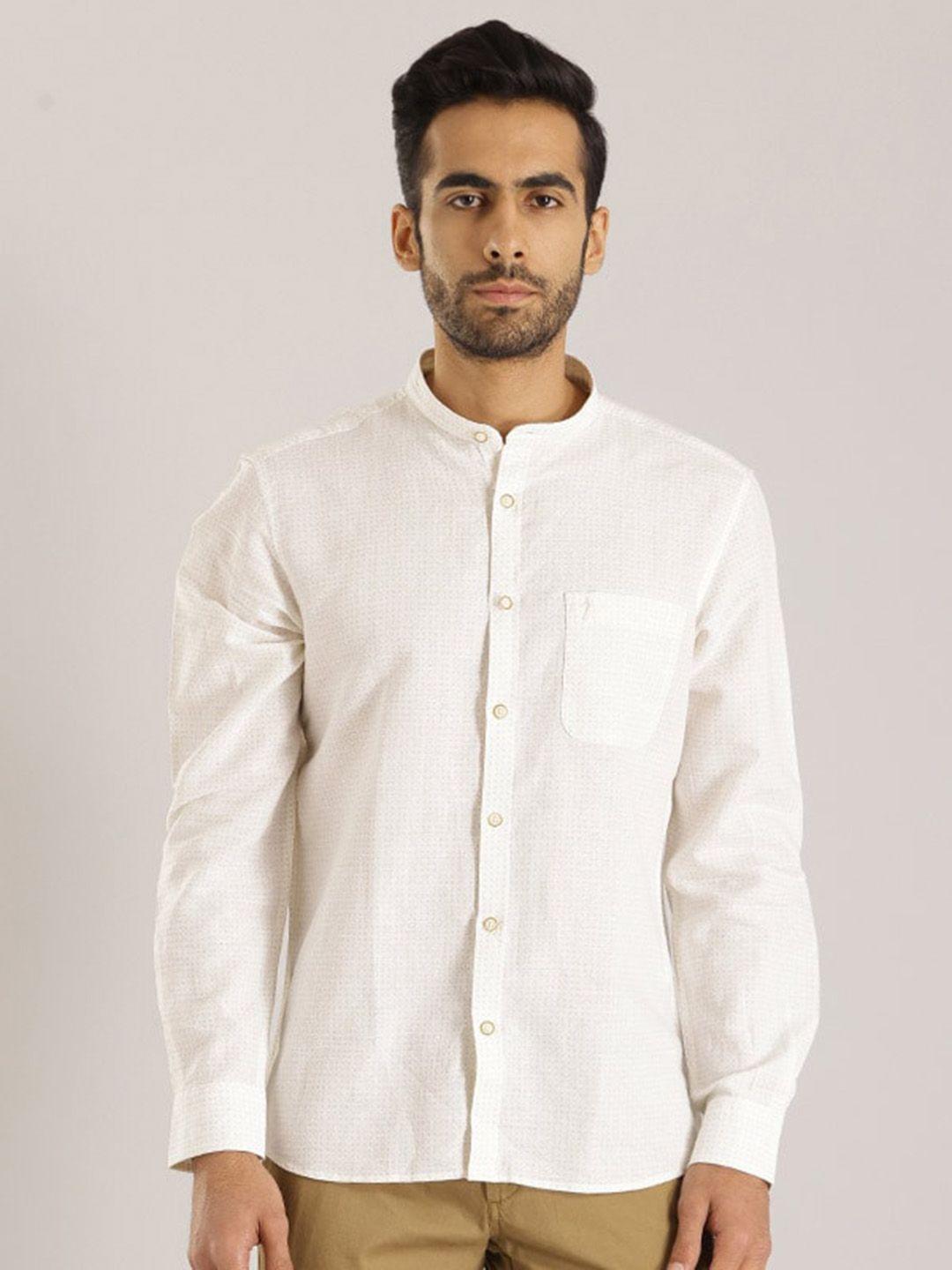 indian terrain chiseled slim fit micro ditsy printed mandarin collar pure cotton shirt