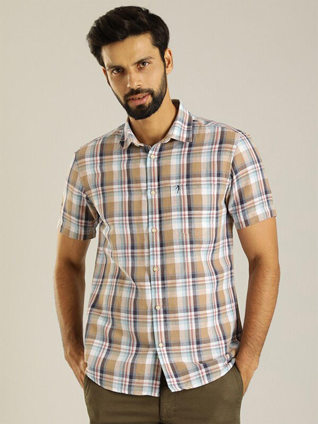 indian terrain classic spread collar window panel checked slim fit casual shirt
