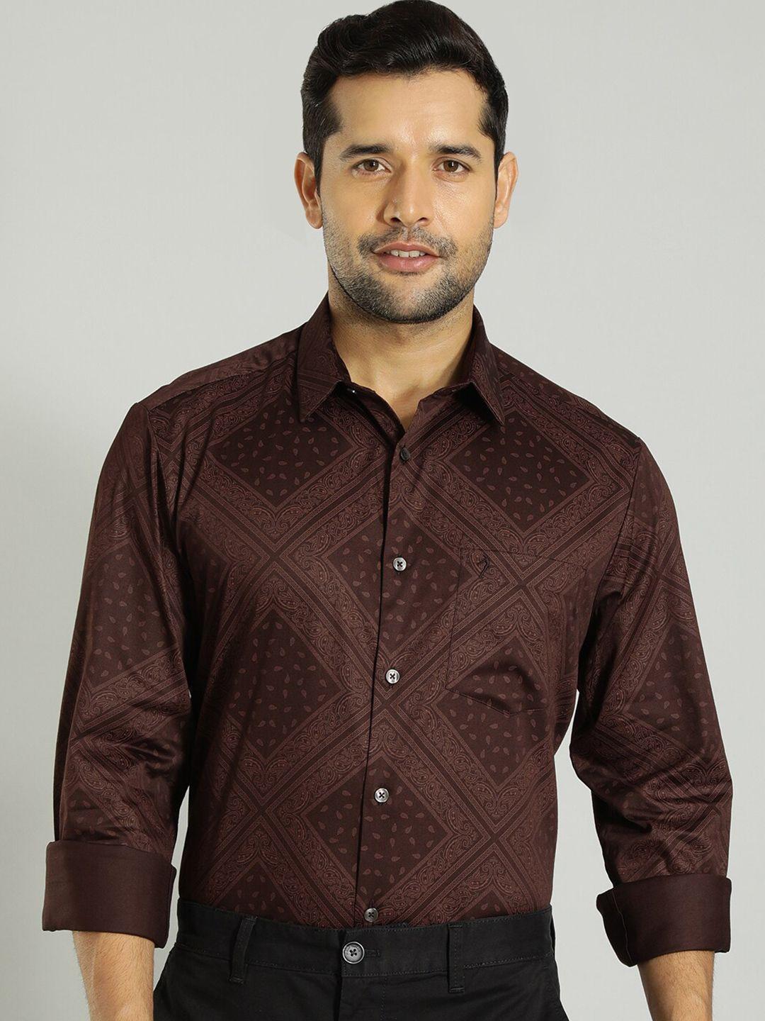 indian terrain khaki printed spread collar slim fit casual shirt