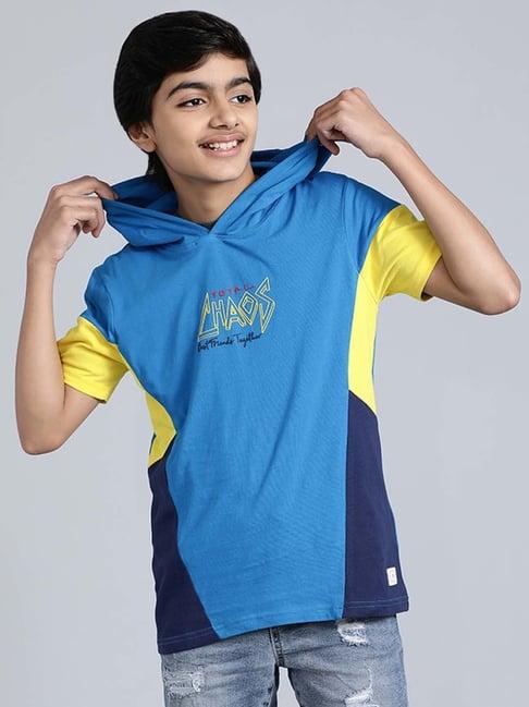 indian terrain kids blue & yellow cotton printed t-shirt