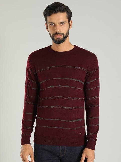 indian terrain maroon regular fit striped sweater