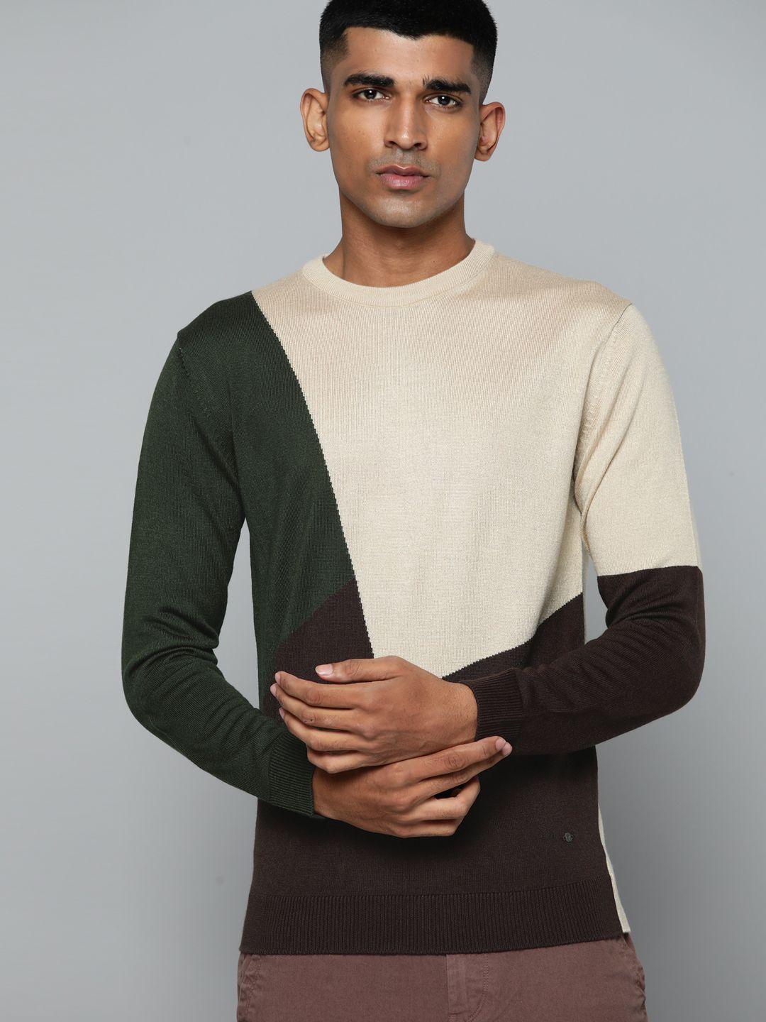 indian terrain men beige & brown colourblocked pullover