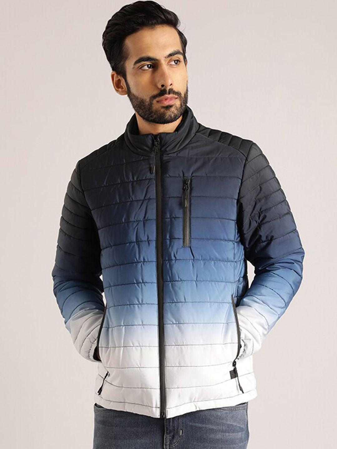 indian terrain men blue colourblocked lightweight crop puffer jacket