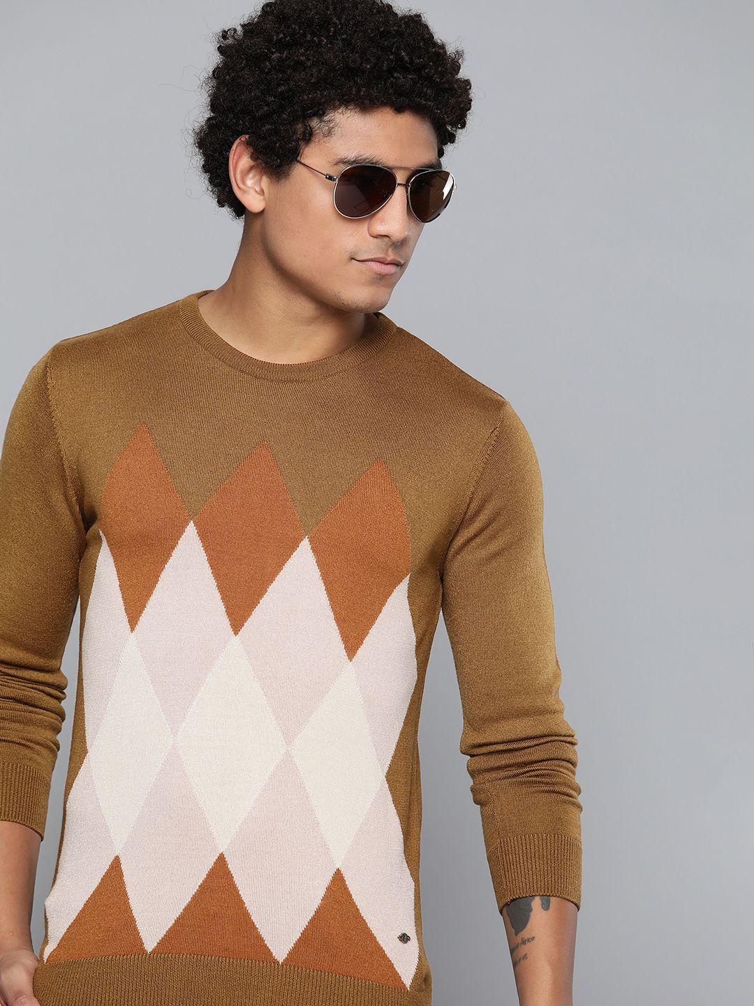 indian terrain men brown & beige acrylic geometric pattern pullover