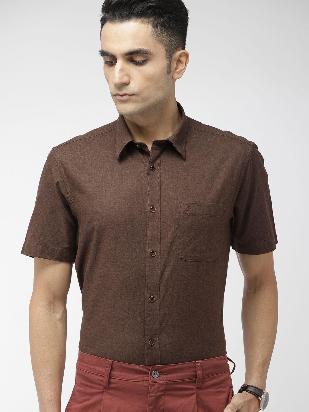 indian terrain men brown slim fit solid smart casual shirt