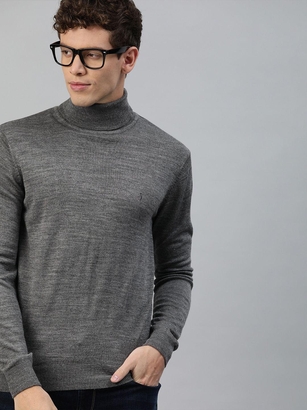 indian terrain men grey solid high neck pullover sweater