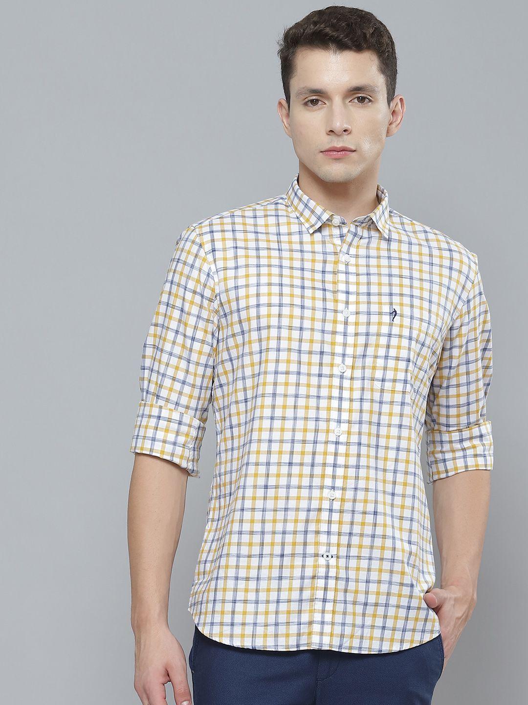 indian terrain men off white & yellow pure cotton slim fit checked casual shirt
