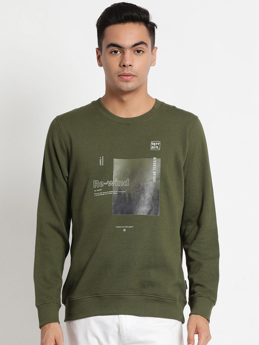 indian terrain men olive green printed sweatshirt