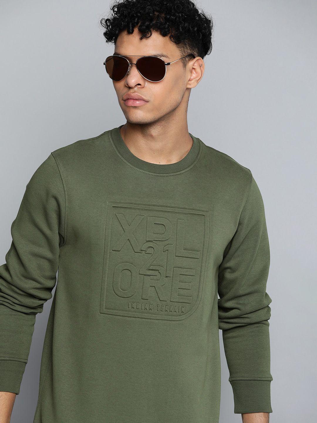 indian terrain men olive green self-design embossed sweatshirt