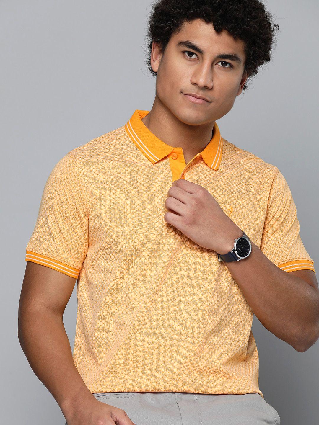 indian terrain men orange printed polo collar pure cotton t-shirt