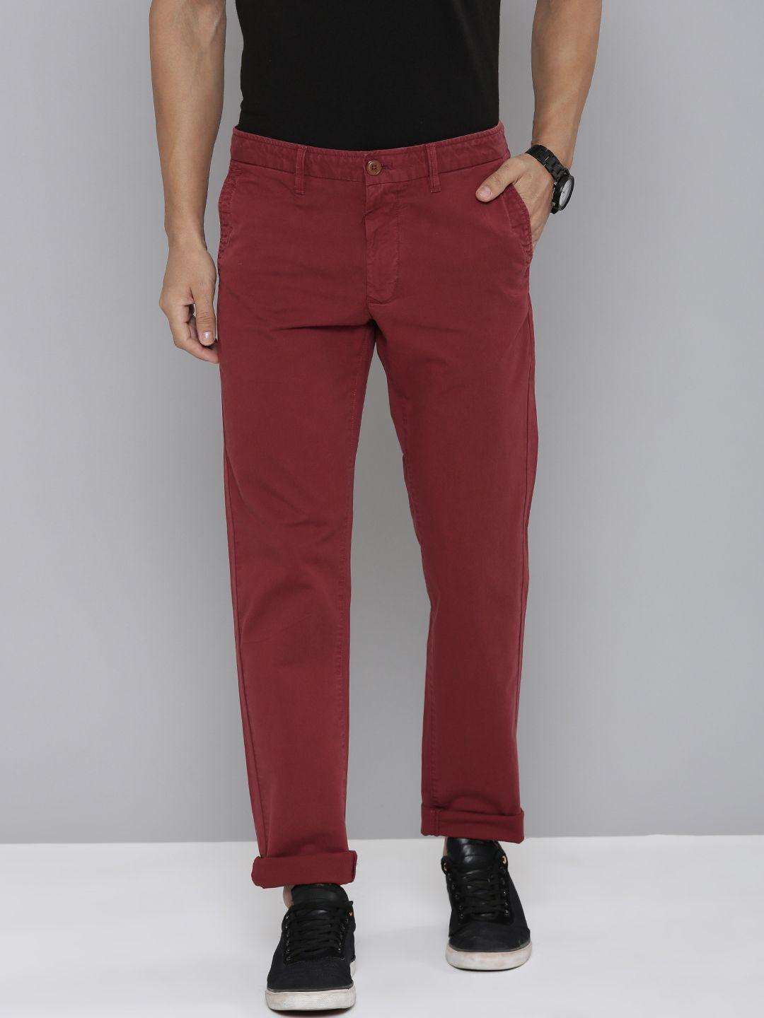 indian terrain men pure cotton solid brooklyn slim fit casual trousers