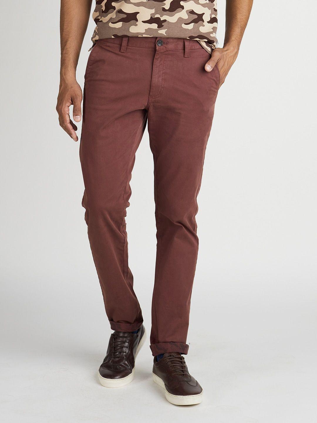 indian terrain men rust brooklyn slim fit solid regular trousers