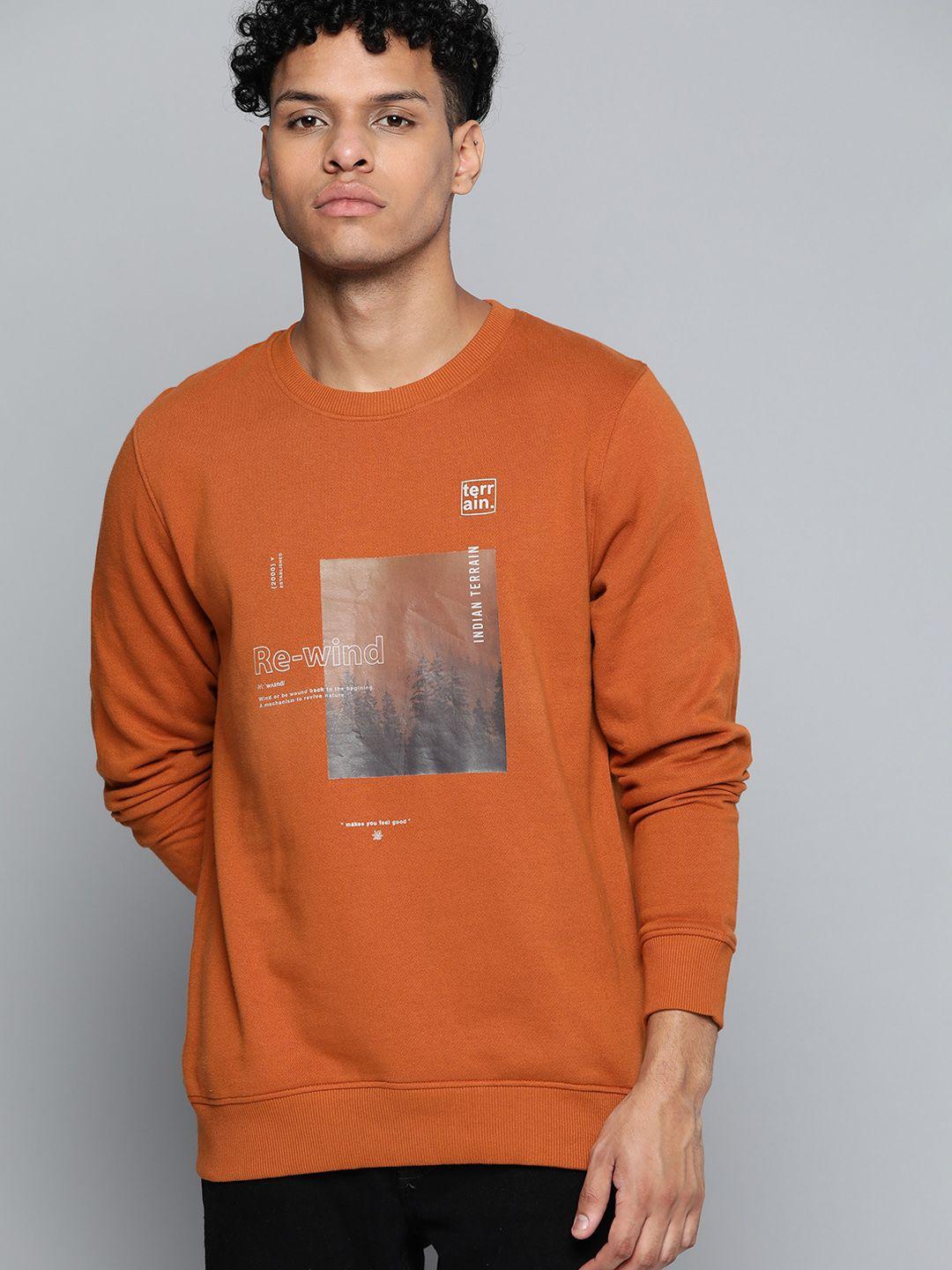 indian terrain men rust orange printed sweatshirt