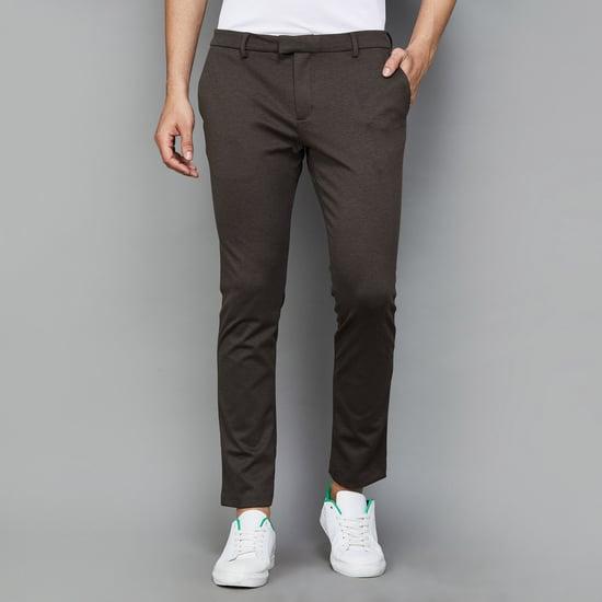 indian terrain men solid slim straight fit casual trousers