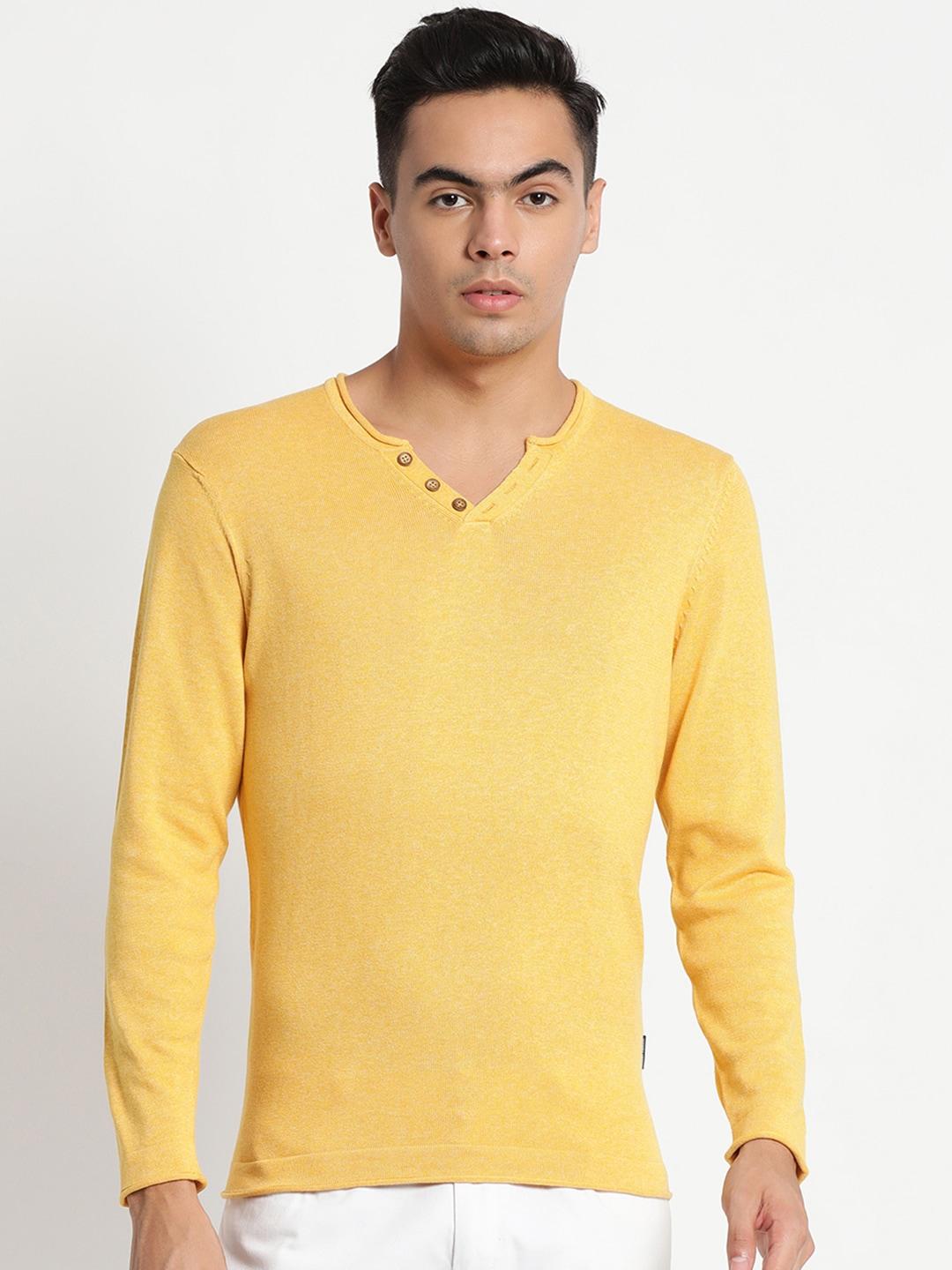 indian terrain men yellow henley neck sweater