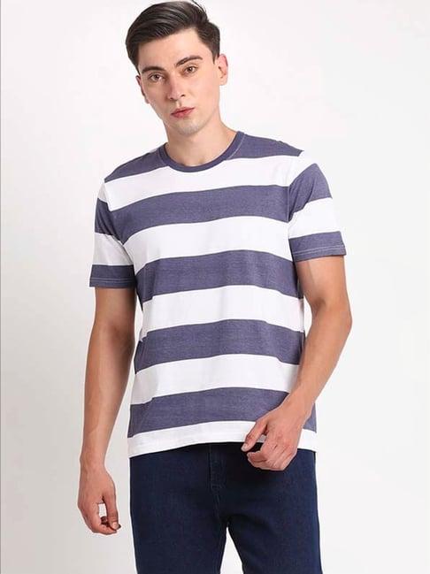 indian terrain night blue regular fit striped t-shirt