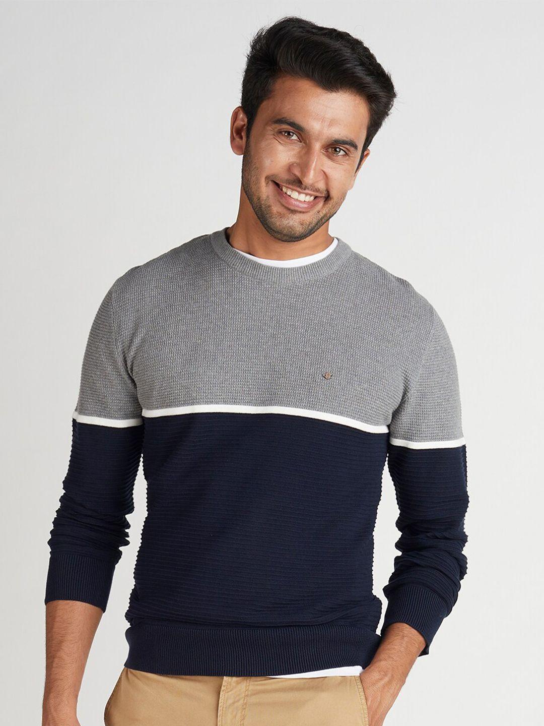 indian terrain round neck long sleeves cotton colourblocked pullover sweater