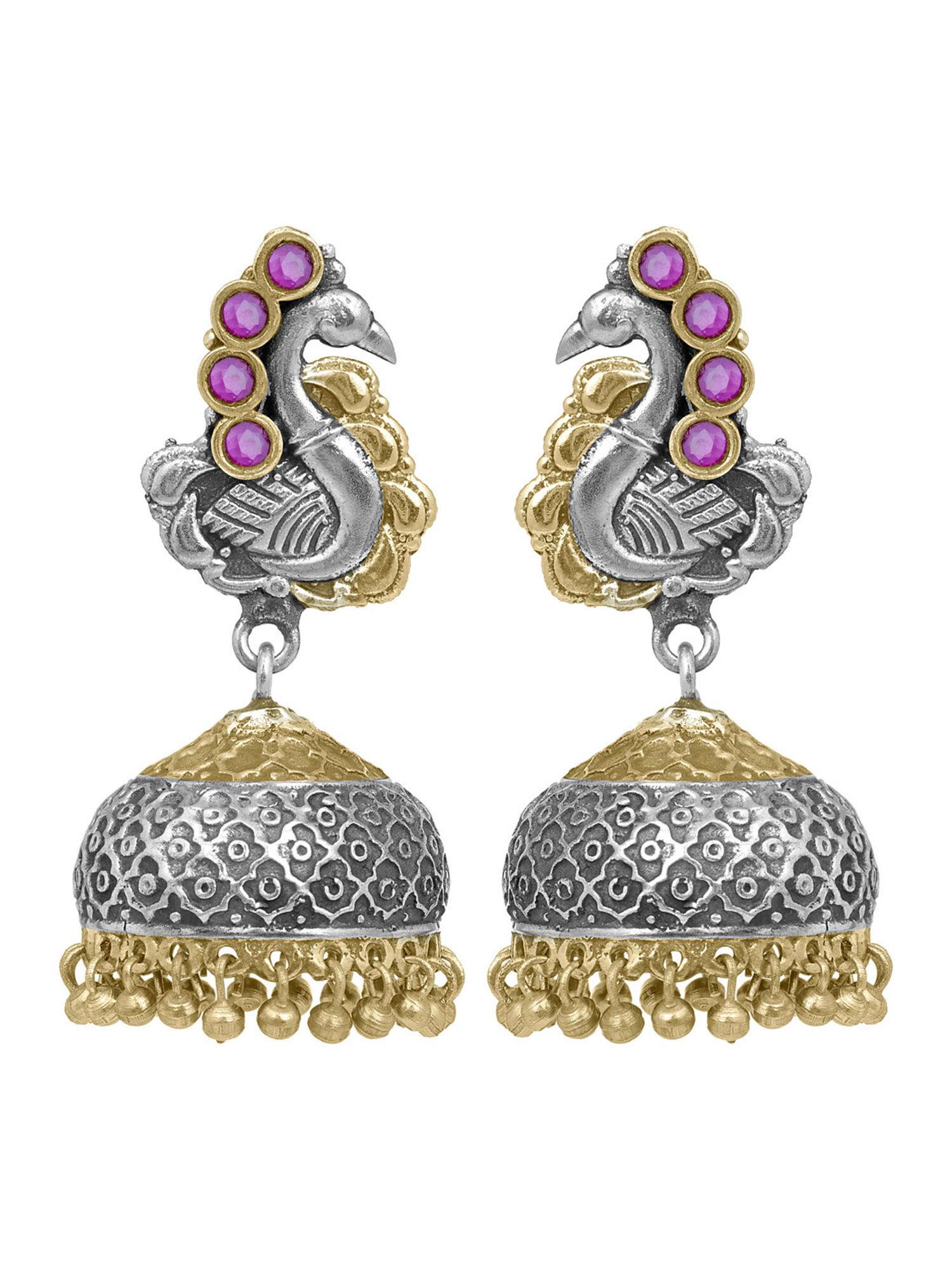 indian traditional antique oxidised silver plated pink peacock jhumka earrings-pf55e40r