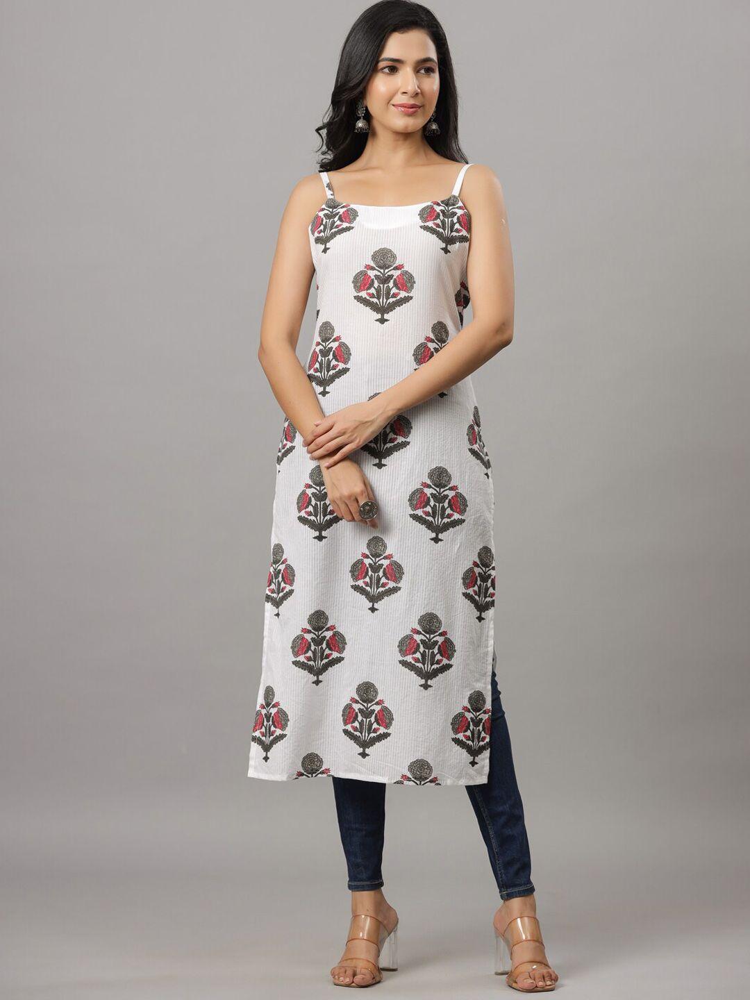 indian virasat floral printed shoulder straps cotton straight kurta