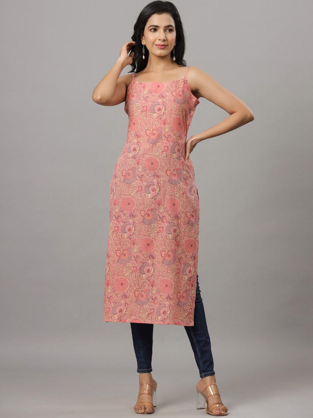 indian virasat floral printed shoulder straps cotton straight kurta