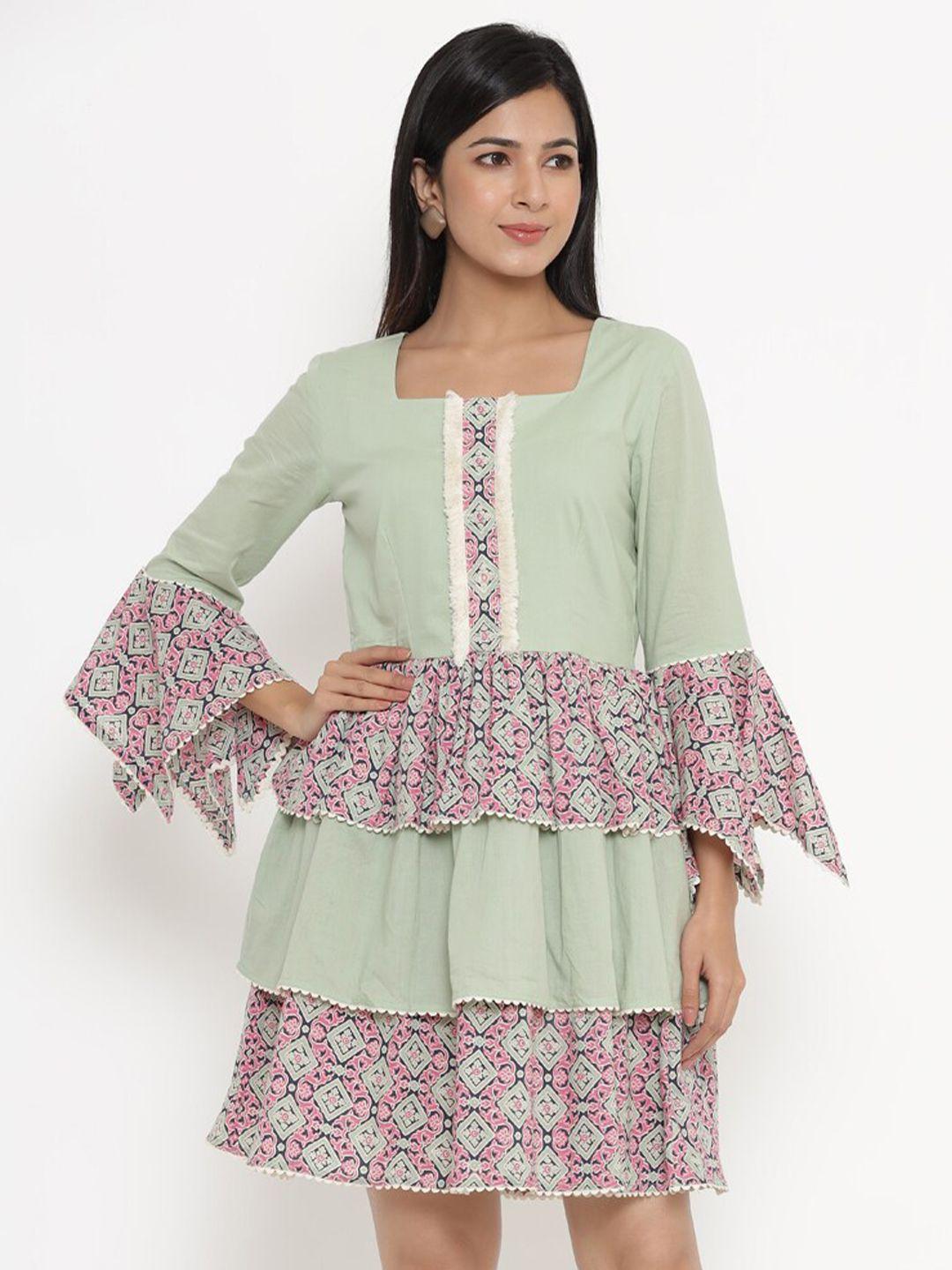 indian virasat green & pink floral square neck fit & flare dress