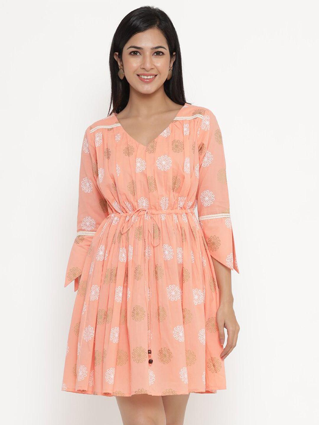 indian virasat peach-coloured floral printed fit & flare dress